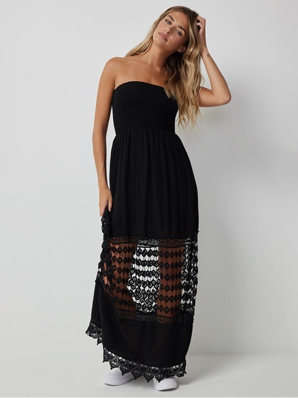 Justify Black Strapless Maxi Dress Lace Hem Boho Festival